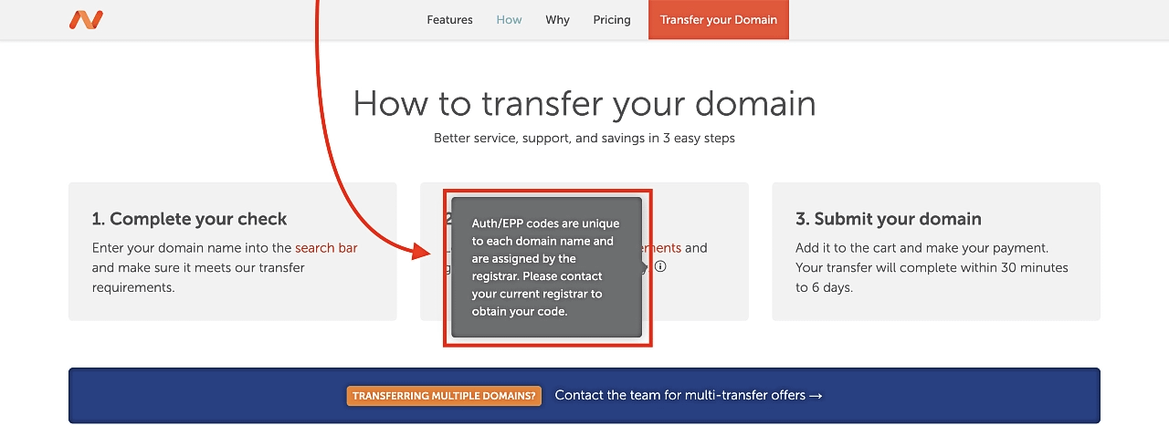 Domain name transfer authorization code explanation on Namecheap's website.