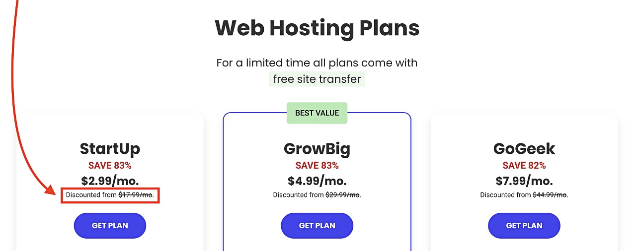 Web hosting plans showing renewal prices below promo prices