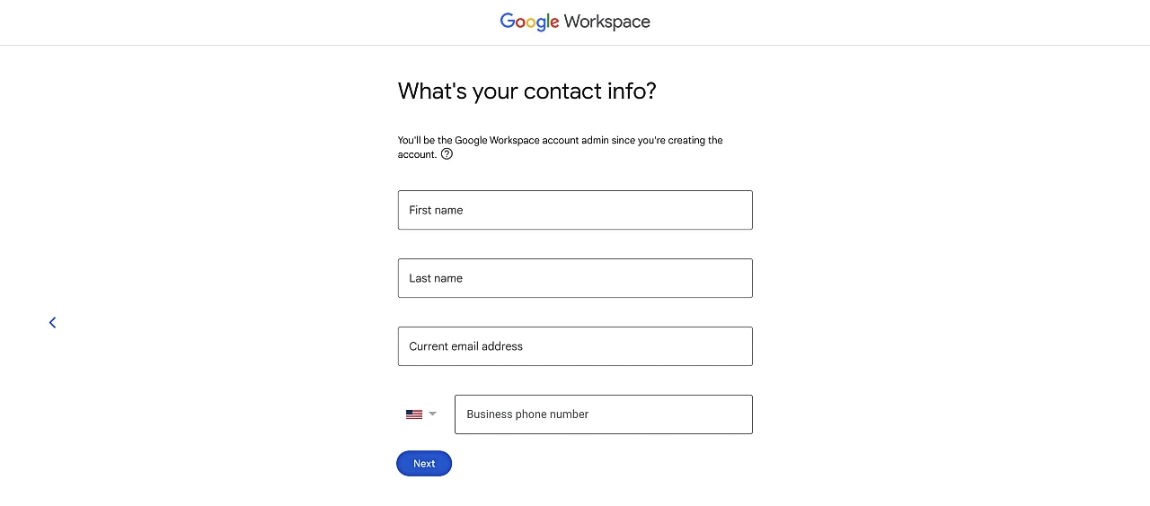 Contact info page in the Google Workspace setup wizard.