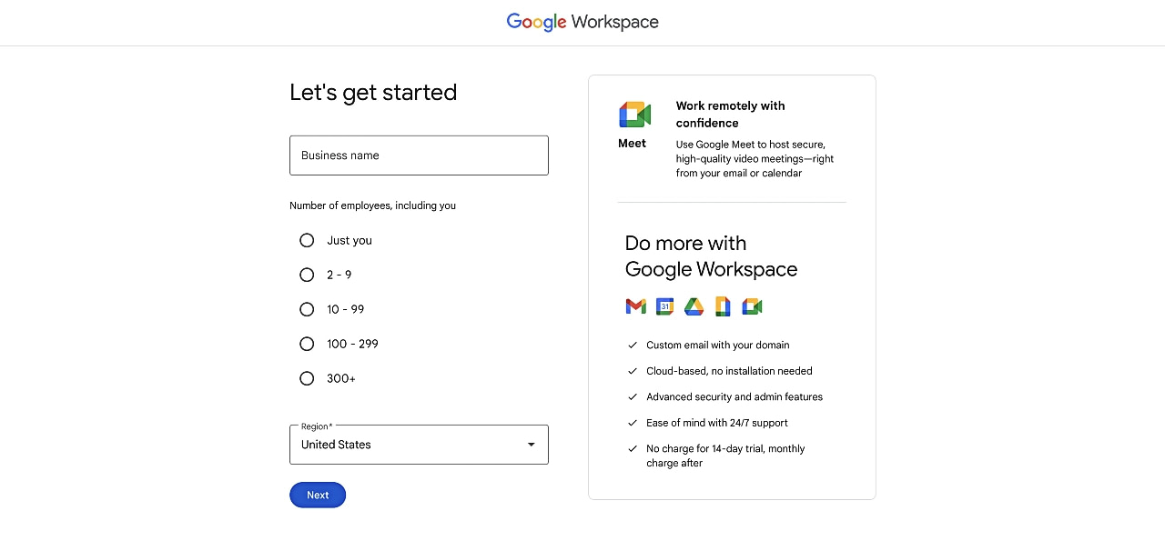 Business info page in the Google Workspace setup wizard.