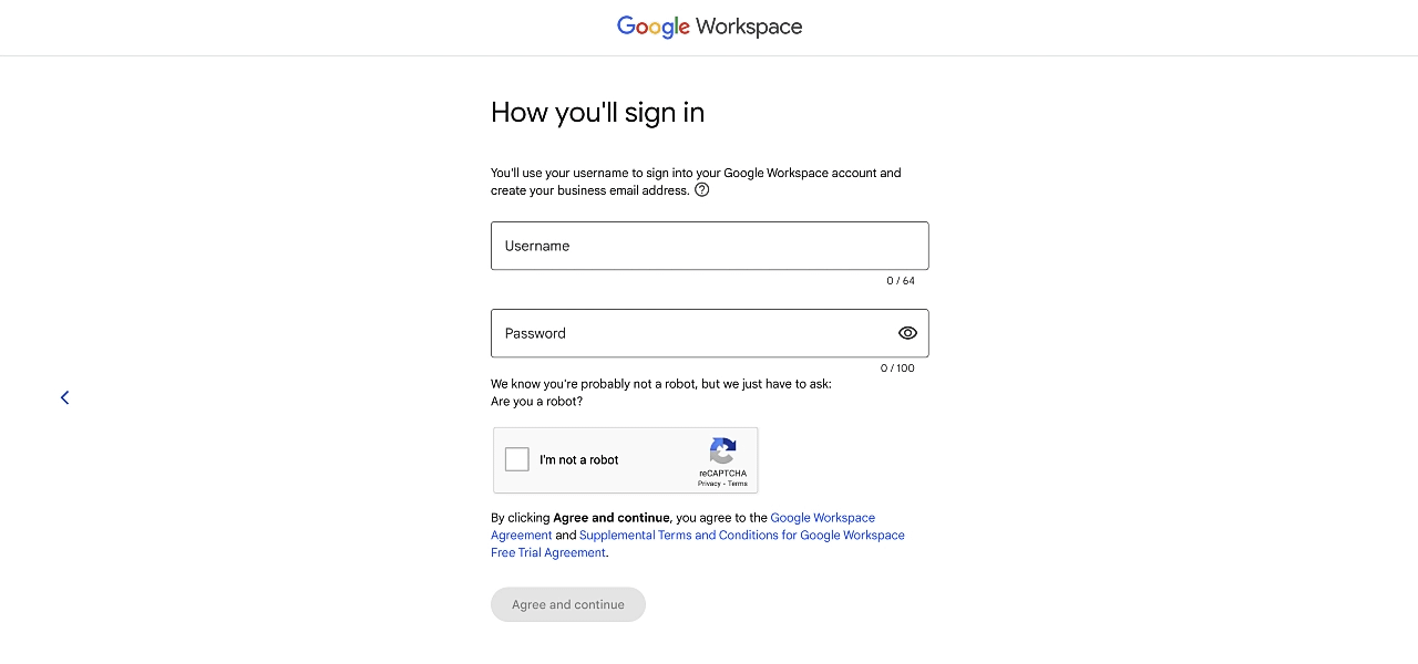 Creating login details in the Google Workspace setup wizard.