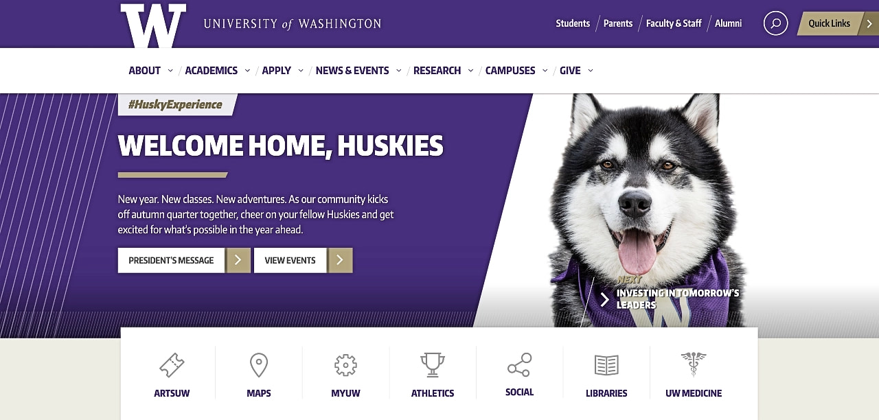 University of Washington's website uses WordPress