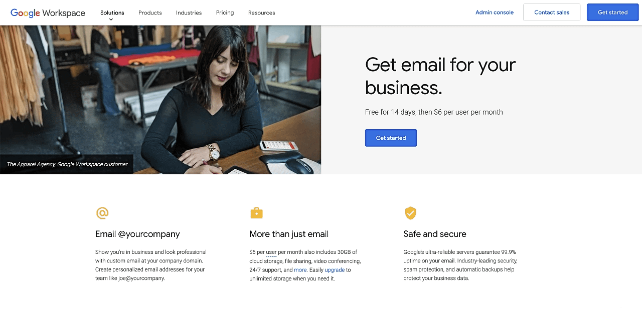Google Workspace email business page.