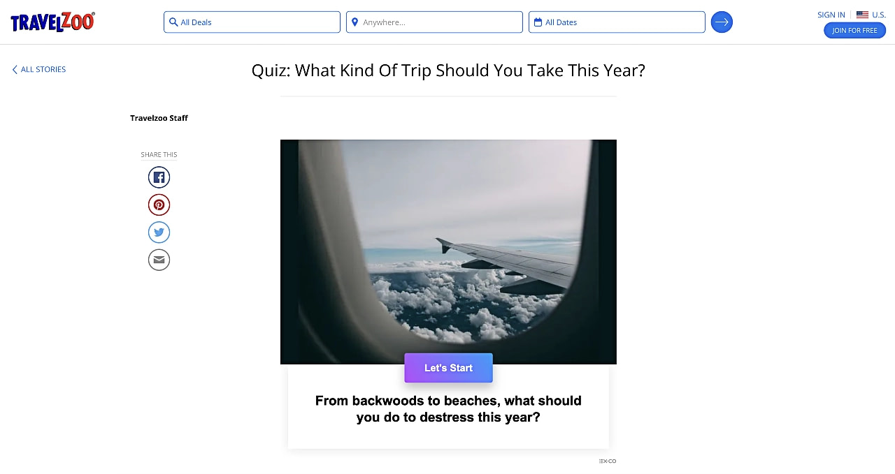 Quizzes are one way to add gamification to WordPress, as seen in this example from TravelZoo.