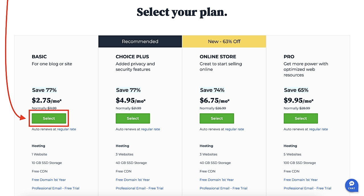 Select your plan to buy hosting and a domain name.