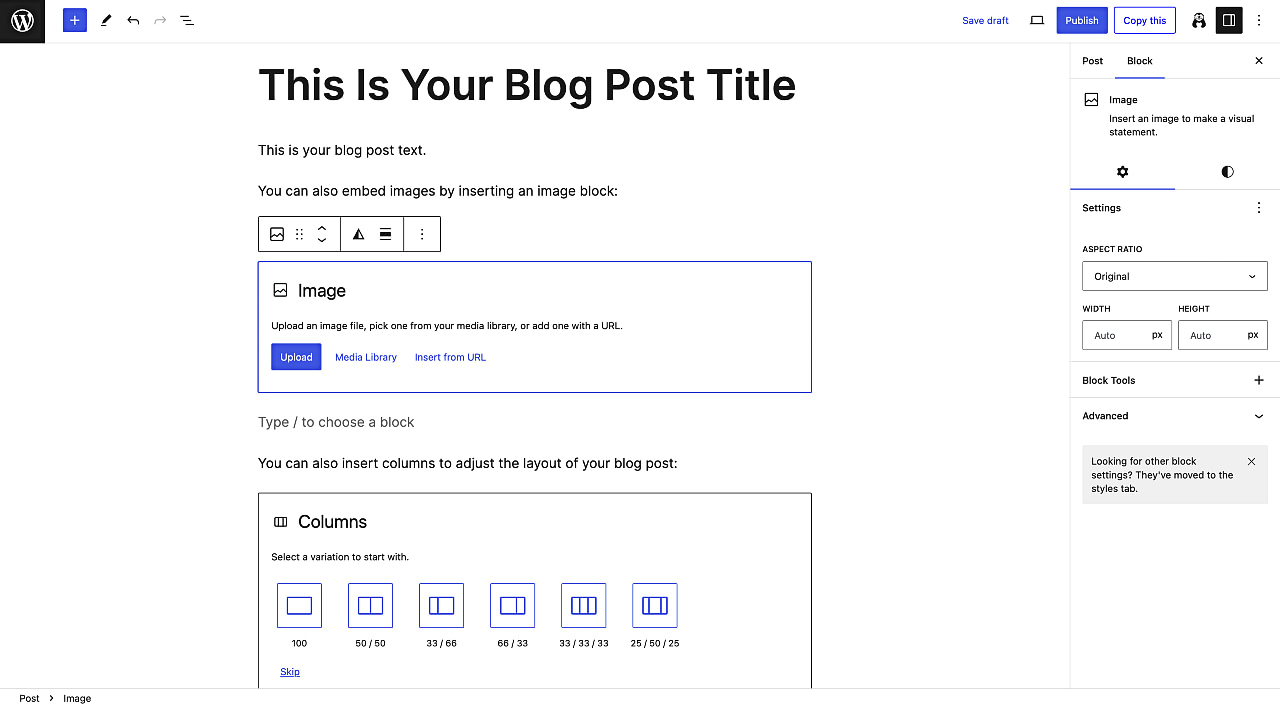 Using the WordPress Editor to create a blog post.