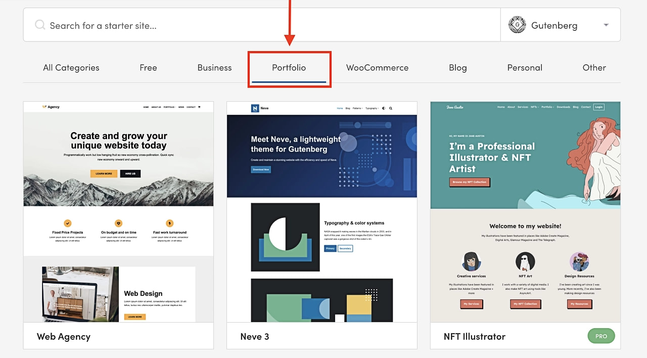 Neve theme portfolio starter sites collection.