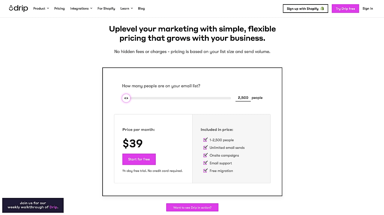 Drip email marketing pricing page
