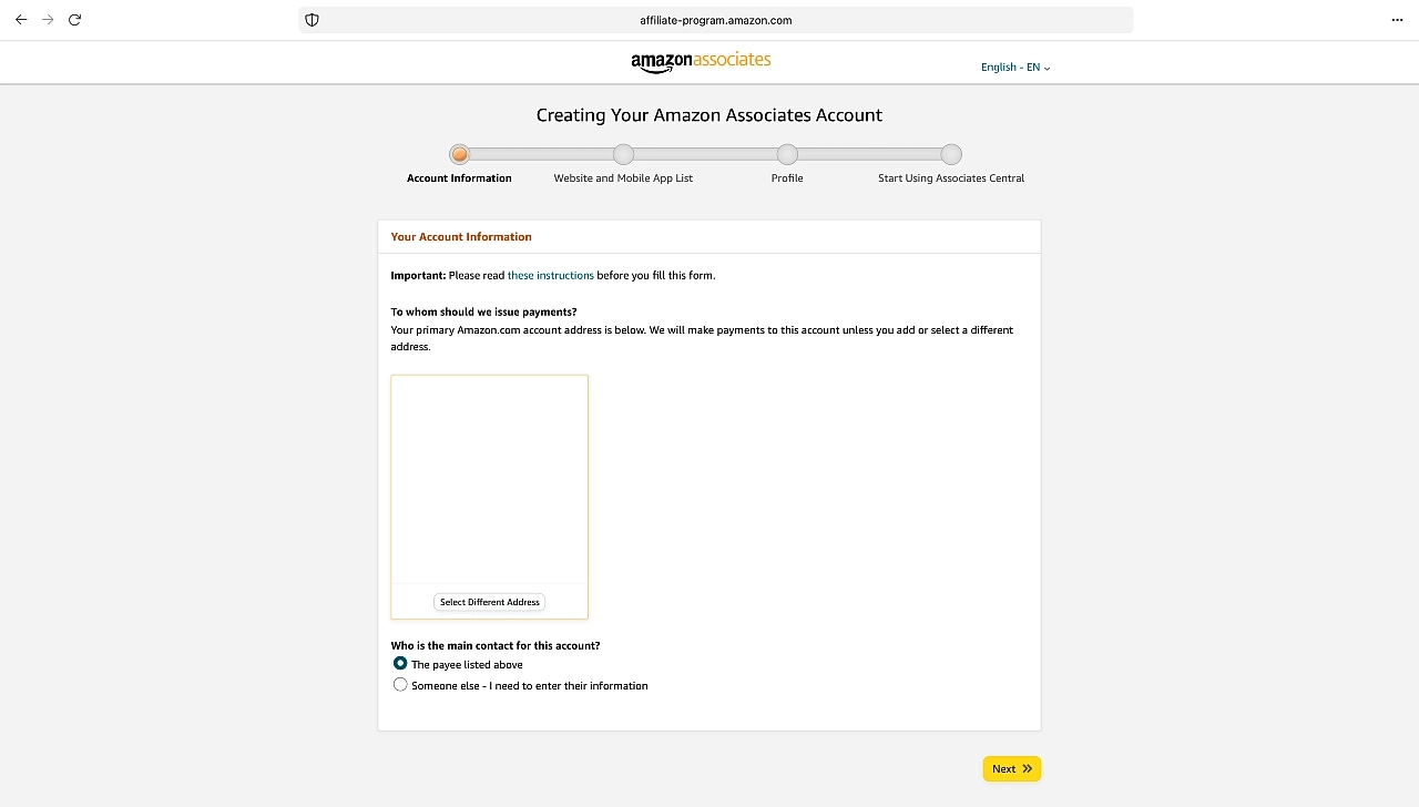 First step to register for an Amazon Affiliate Program account