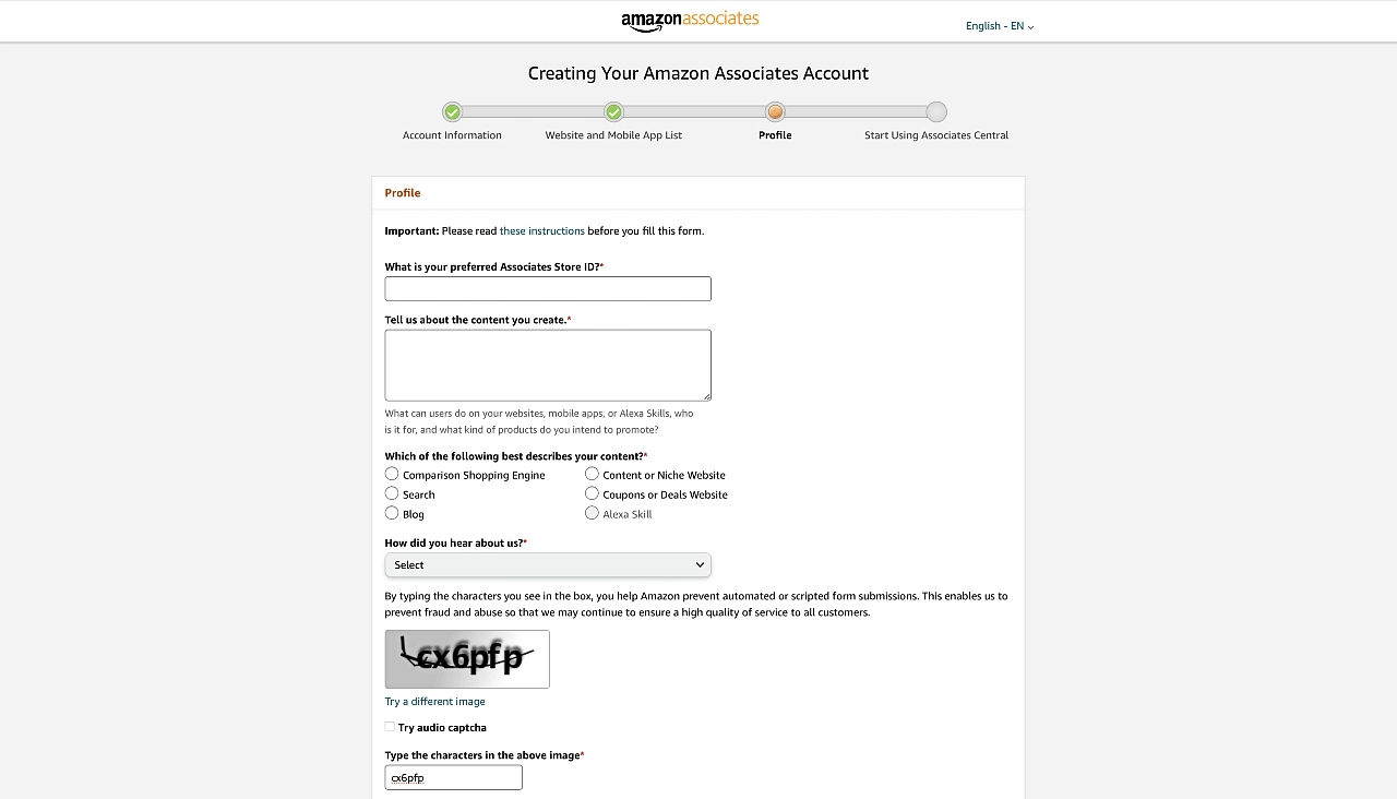 Third step to register for an Amazon Affiliate Program account