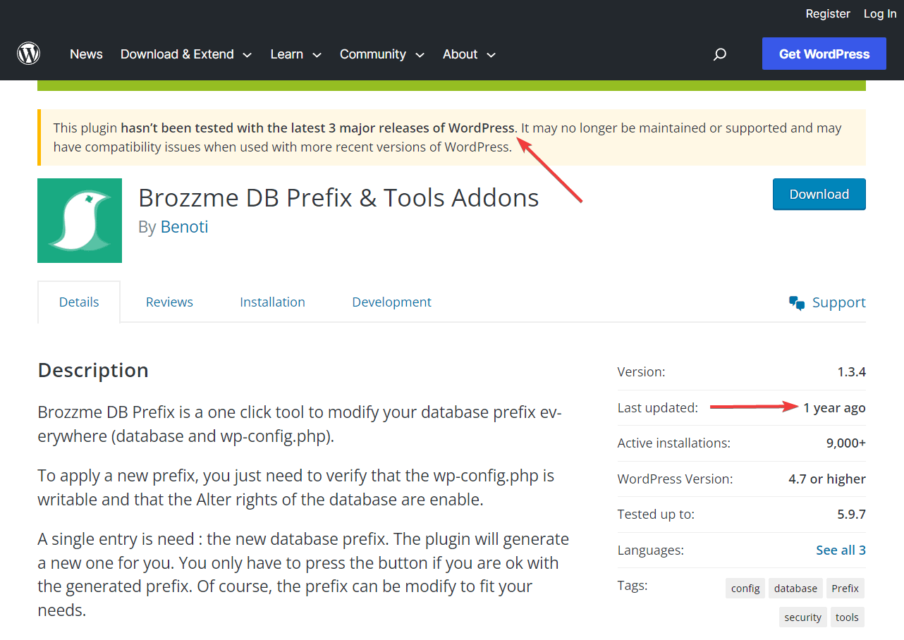 An example of an outdated plugin in the WordPress repository.