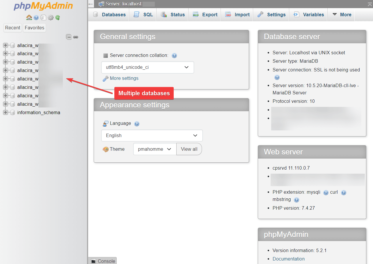 Multiple databases in phpMyAdmin.