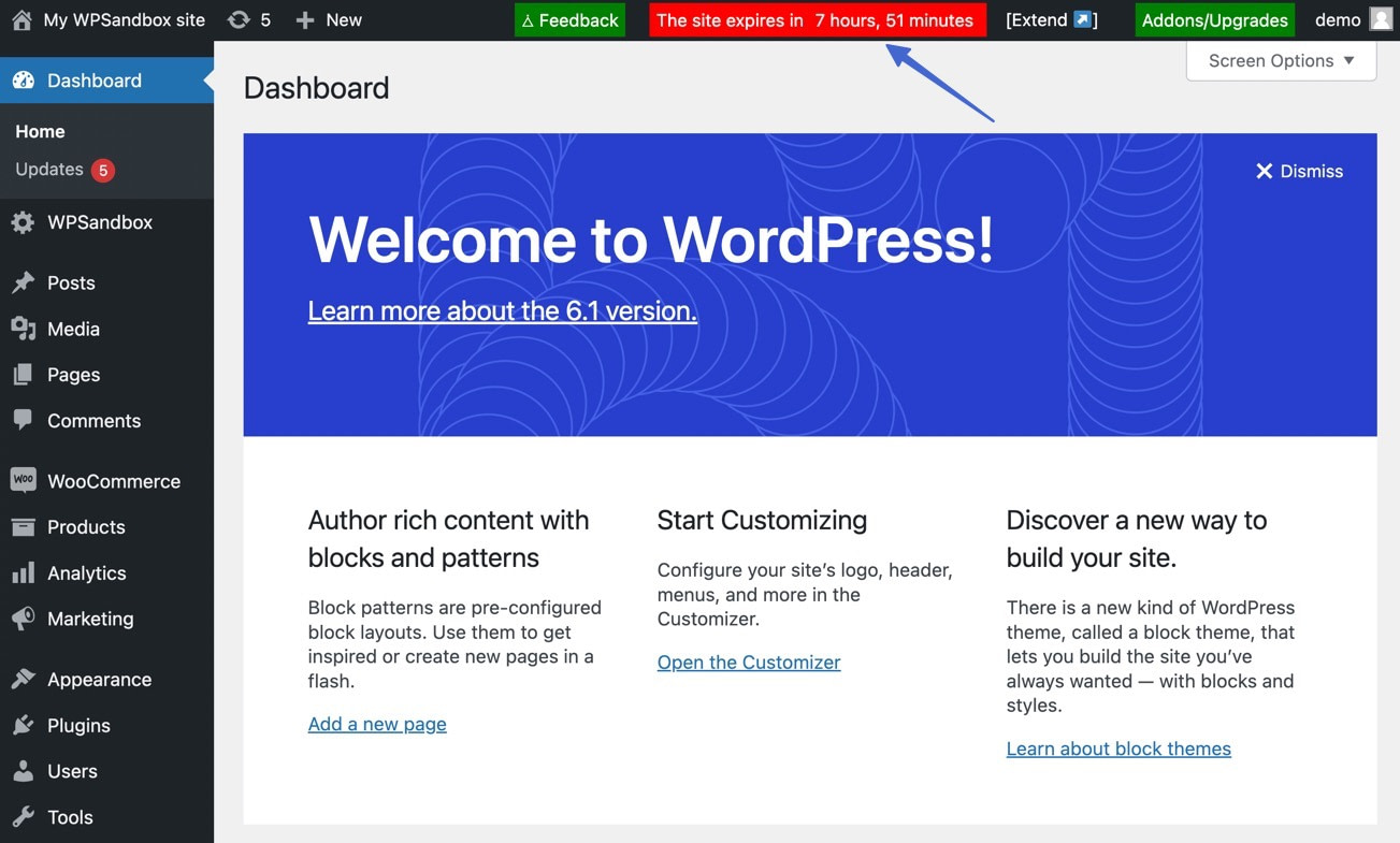 viewing the dashboard of your WordPress test site