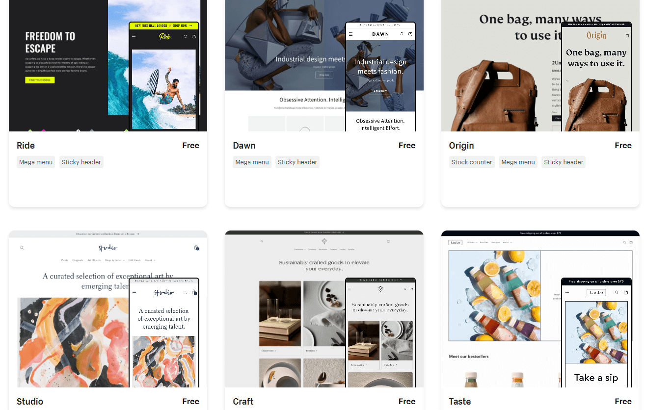Free themes from Shopify, example for Shopify vs WooCommerce comparison.