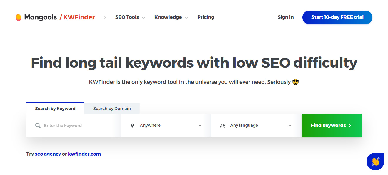 Free SEO tools - kwfinder home page