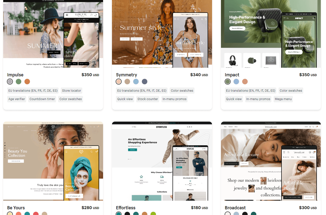Premium theme examples from Shopify for Shopify vs WooCommerce comparison.