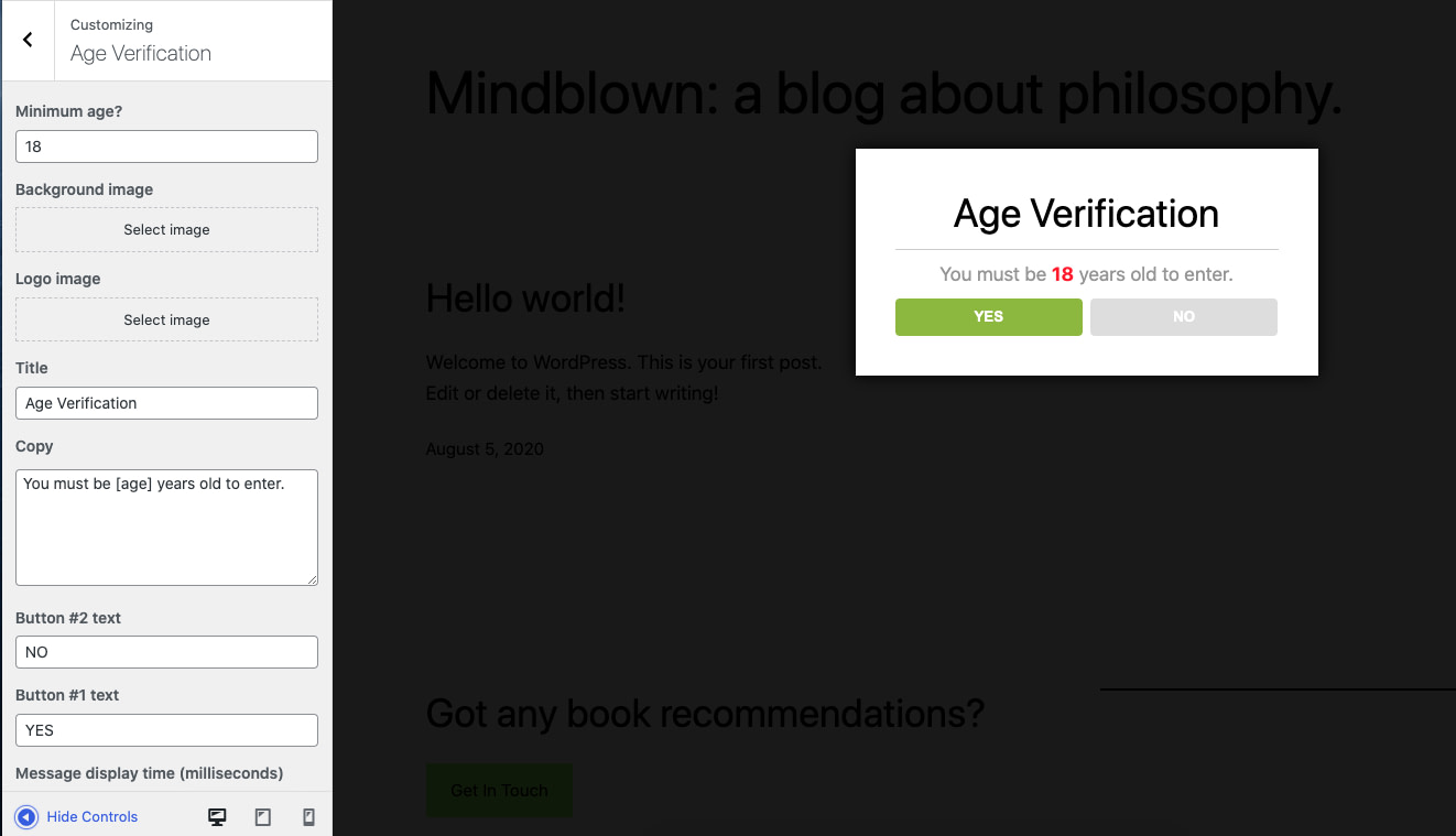 Плагин проверки возраста для экрана настроек WordPress