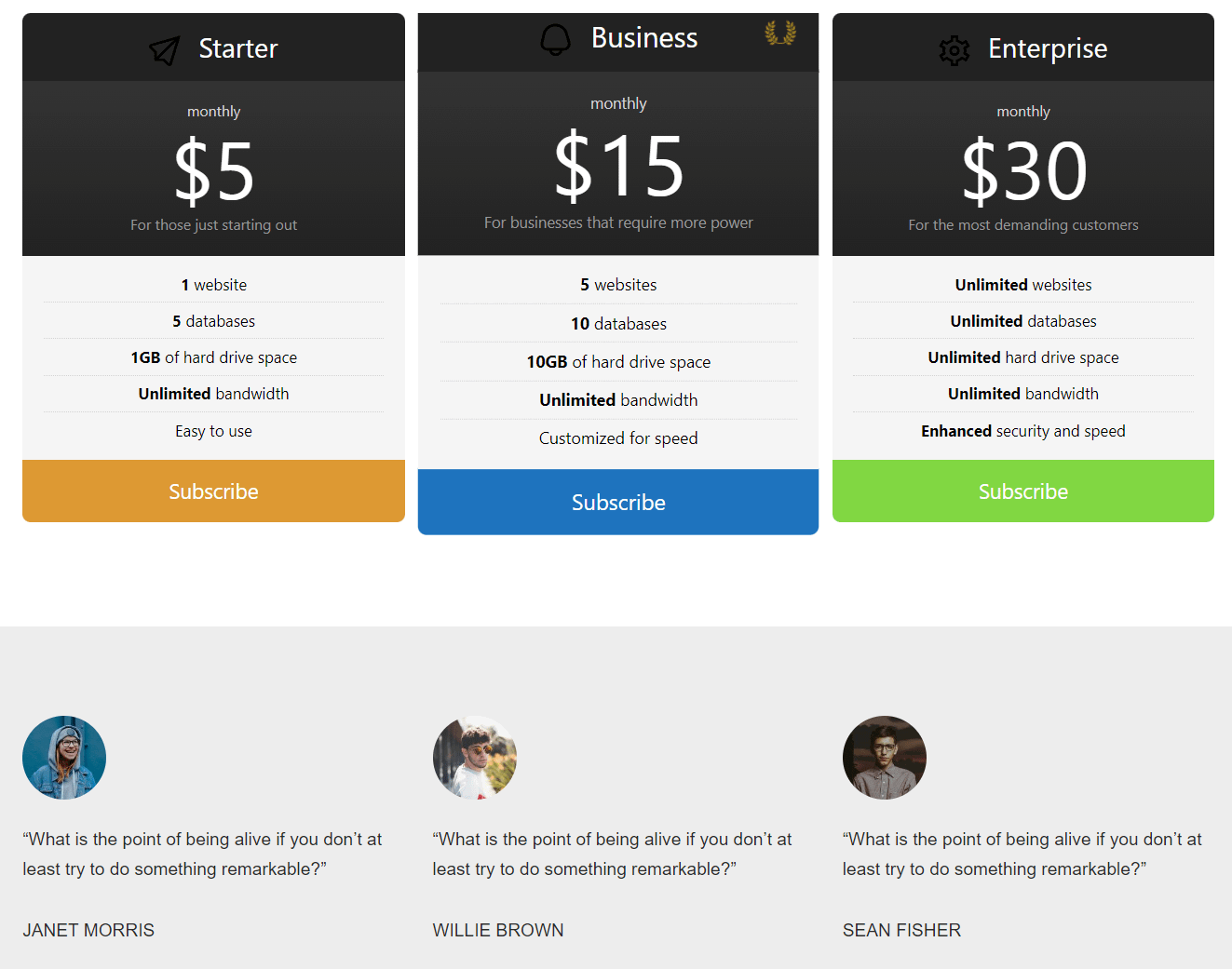 A pricing table and a testimonial section.