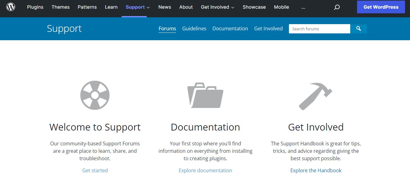 The WordPress Support page