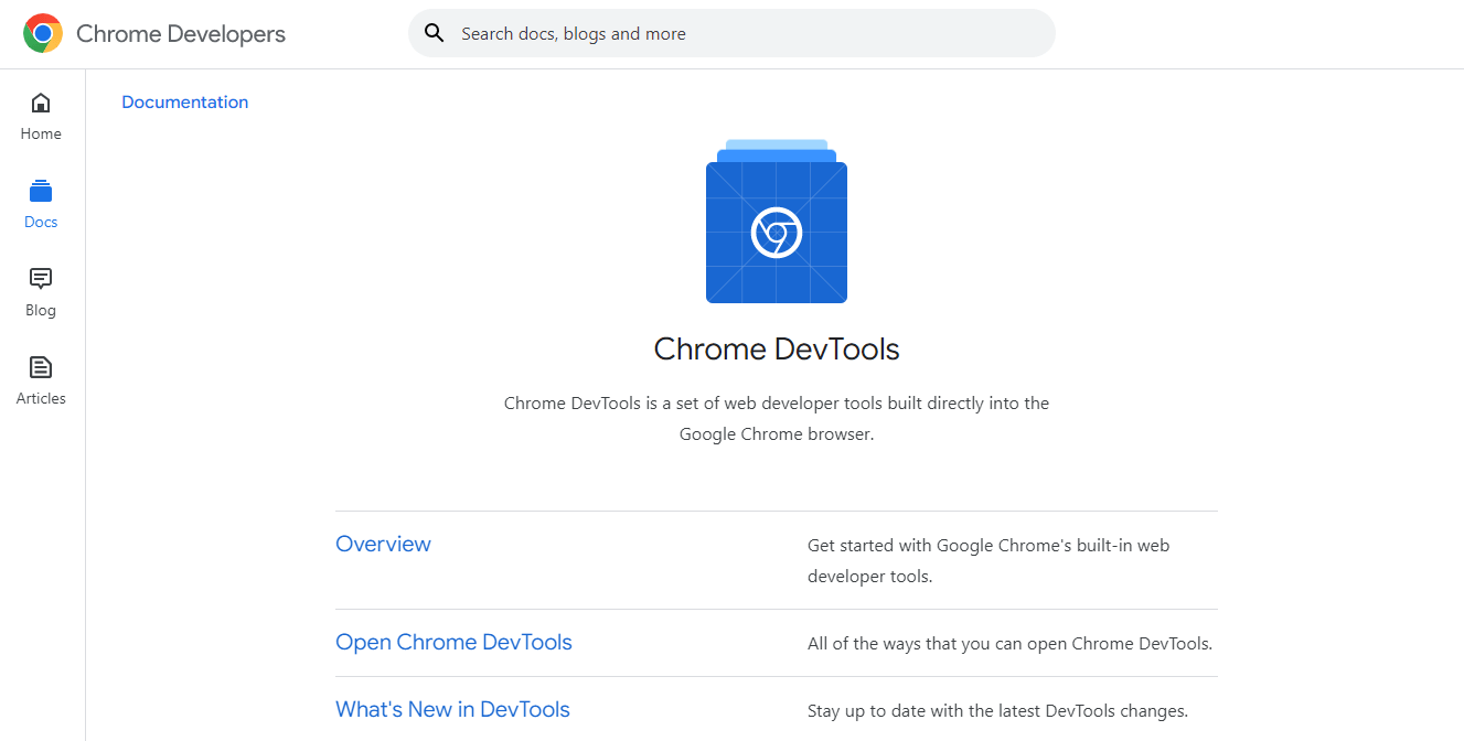 Chrome Developer Tools homepage.