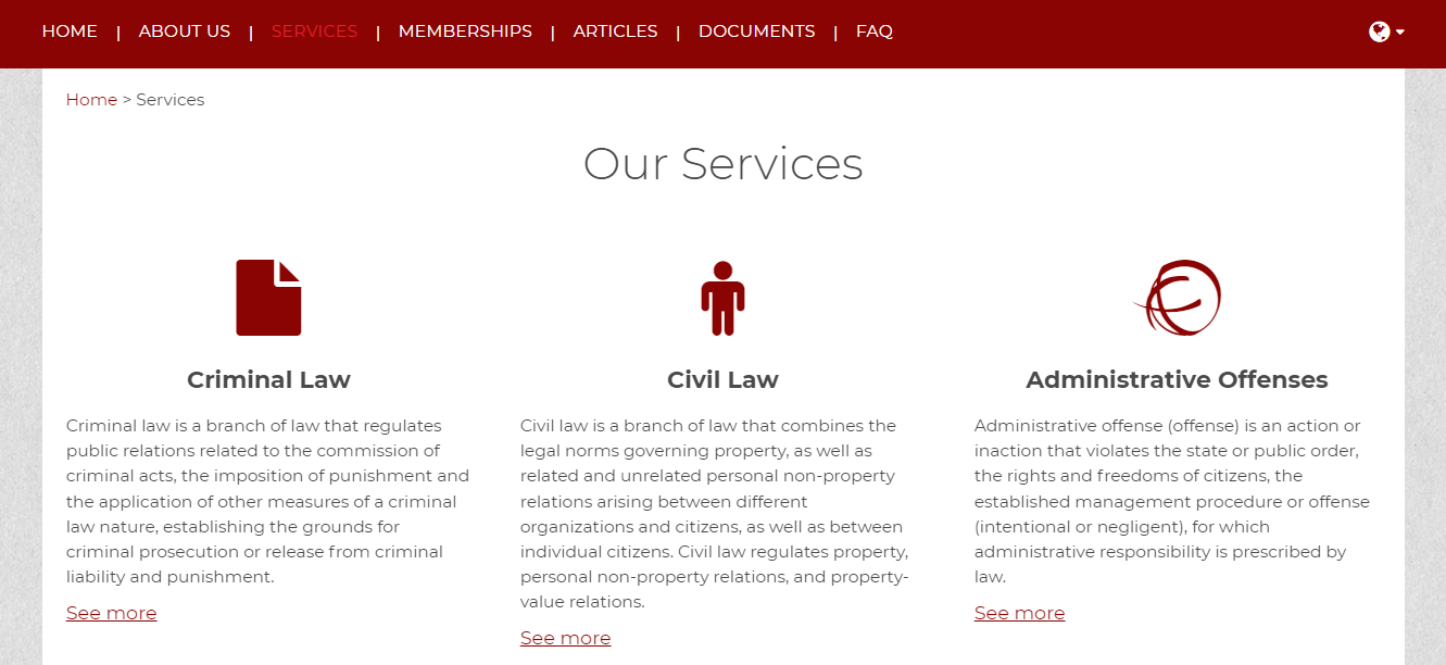 Страница услуг на сайте юридической фирмы