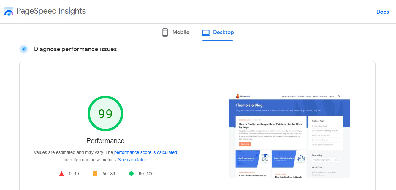 Performance score in PageSpeed Insights to find out how fast is my website