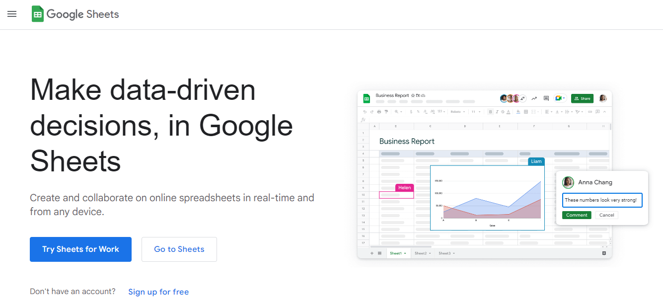 Google Sheets landing page.