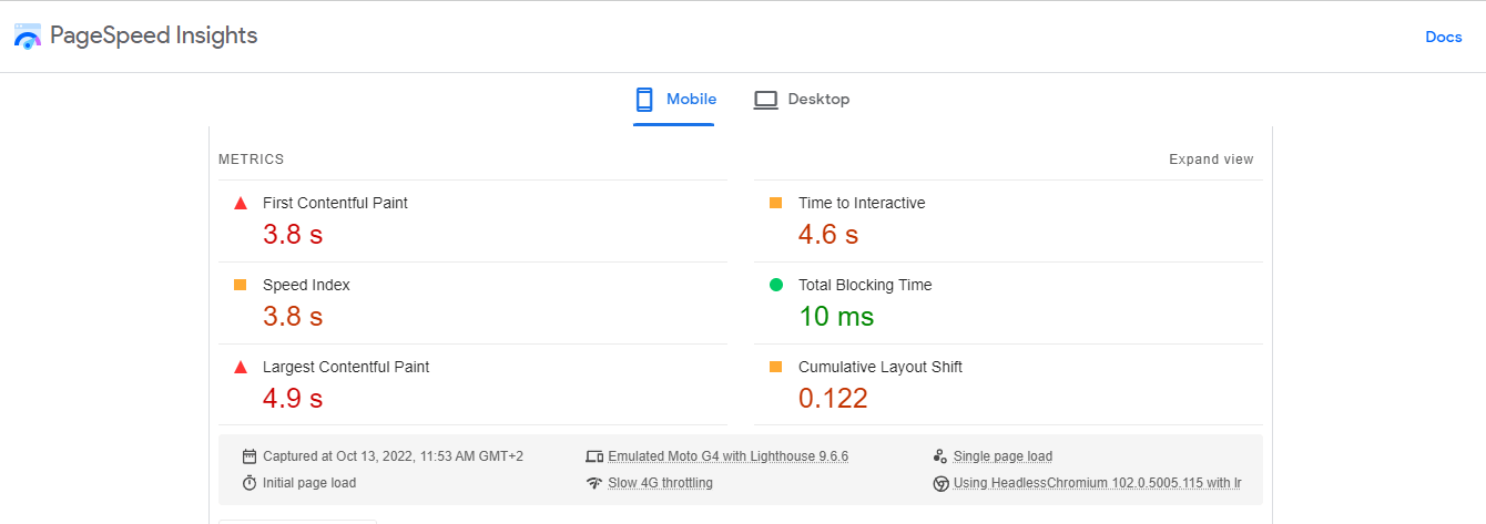 Lab data in PageSpeed Insights