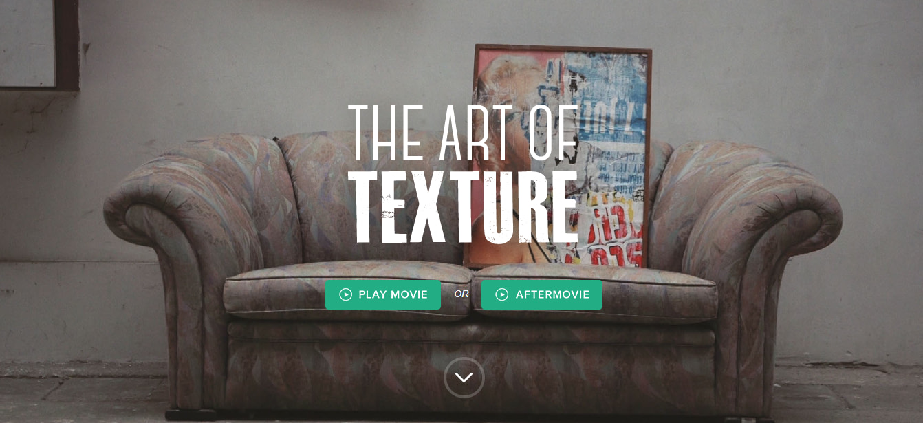 The Art of Texture homepage is a one page website example of a promotion for a documentary film.