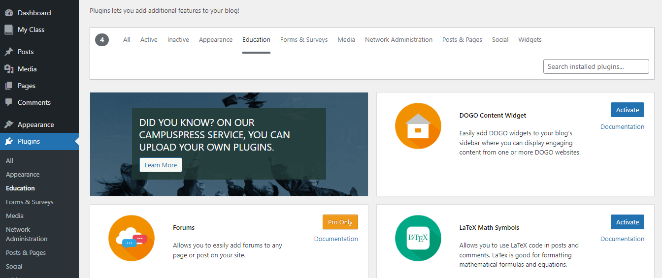 Edublogs WordPress interface.