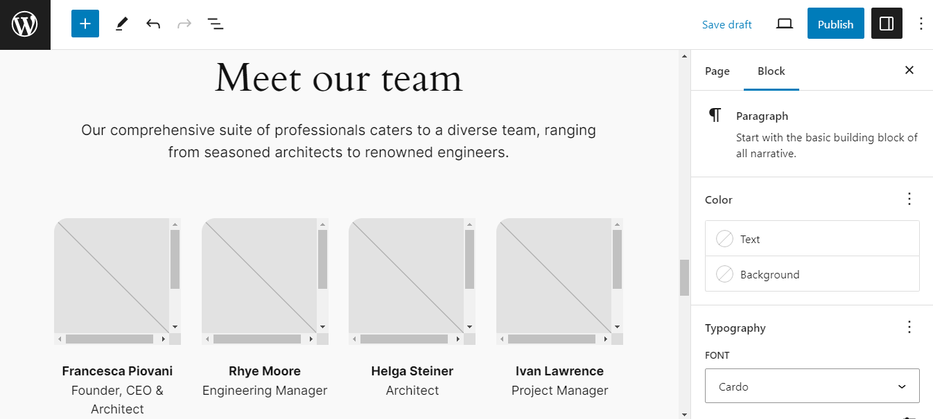 Customizing the meet our team block pattern.