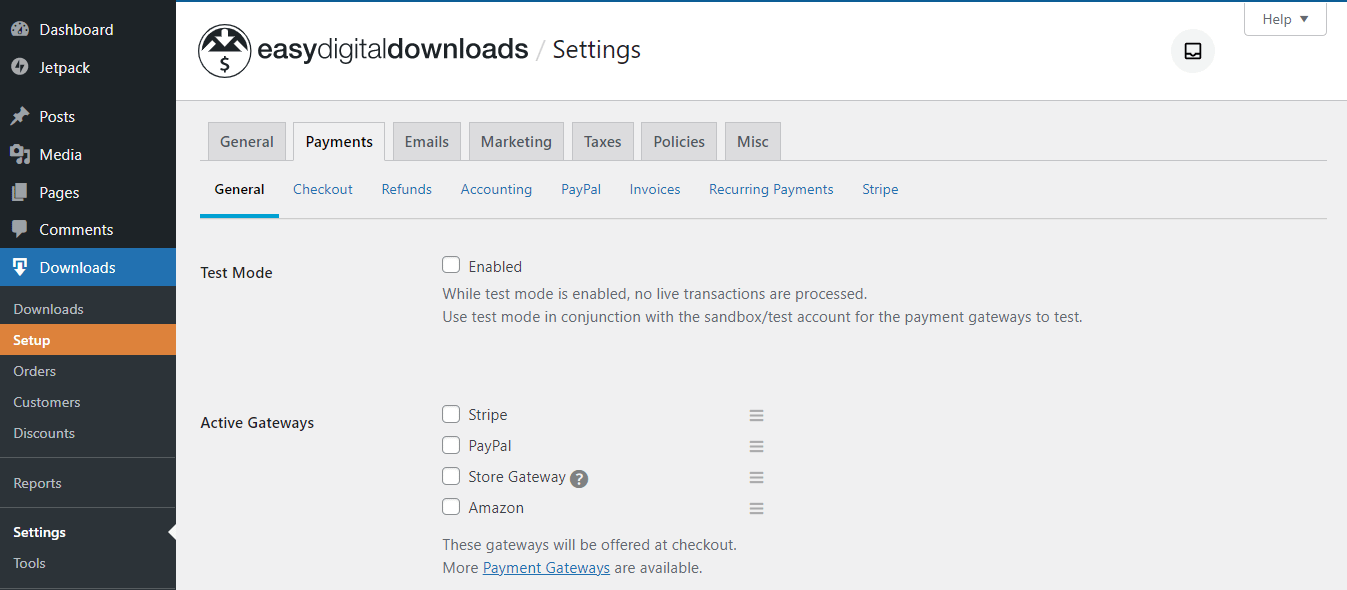 Payment settings in Easy Digital Downloads.