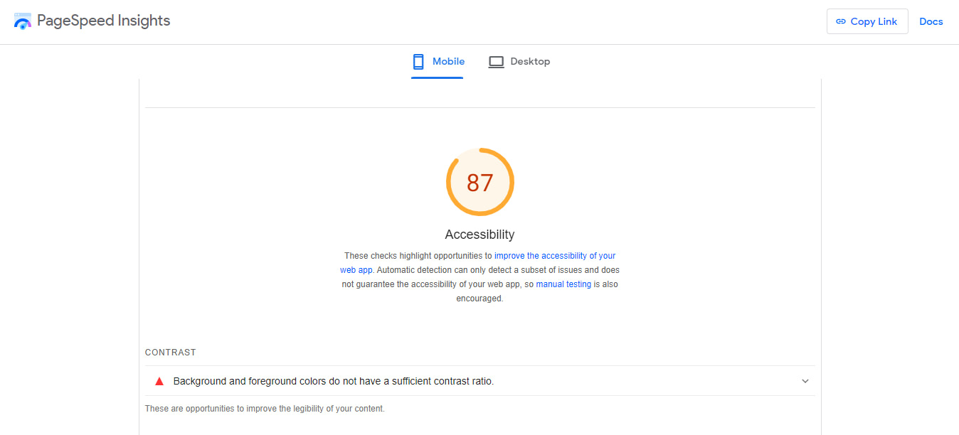 ممیزی دسترسی به وب: گزارش دسترسپذیری در PageSpeed Insights.