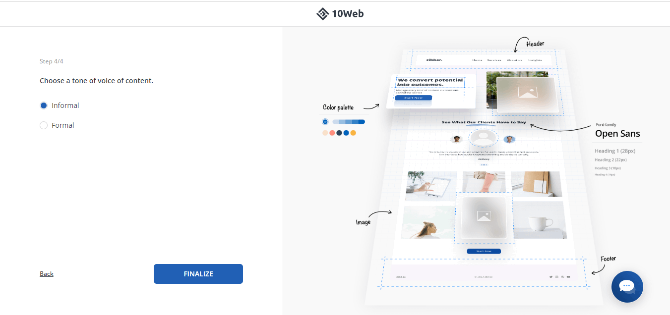 Choosing a tone of voice on 10Web.