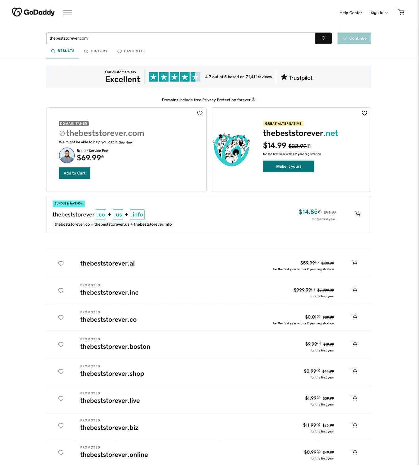 Example of different domain extensions offered by GoDaddy.