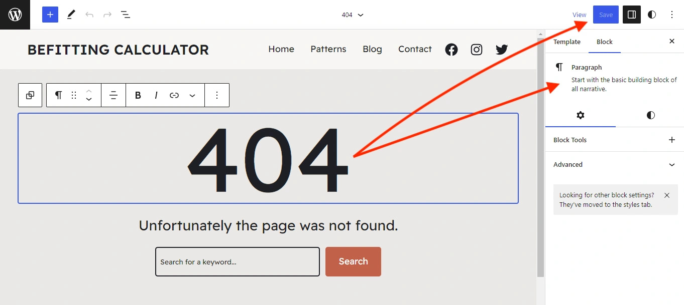Настройка шаблона 404 в редакторе блоков.