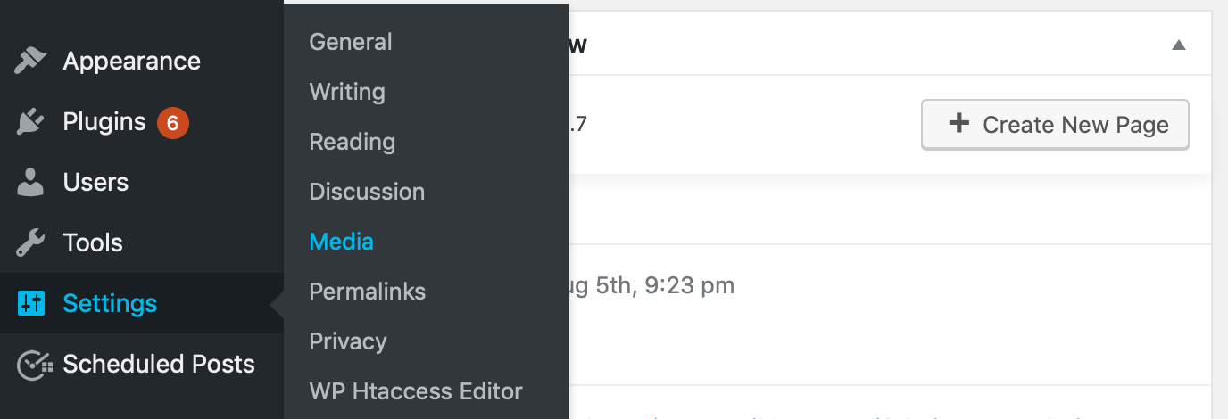 The Settings > Media option in WordPress.