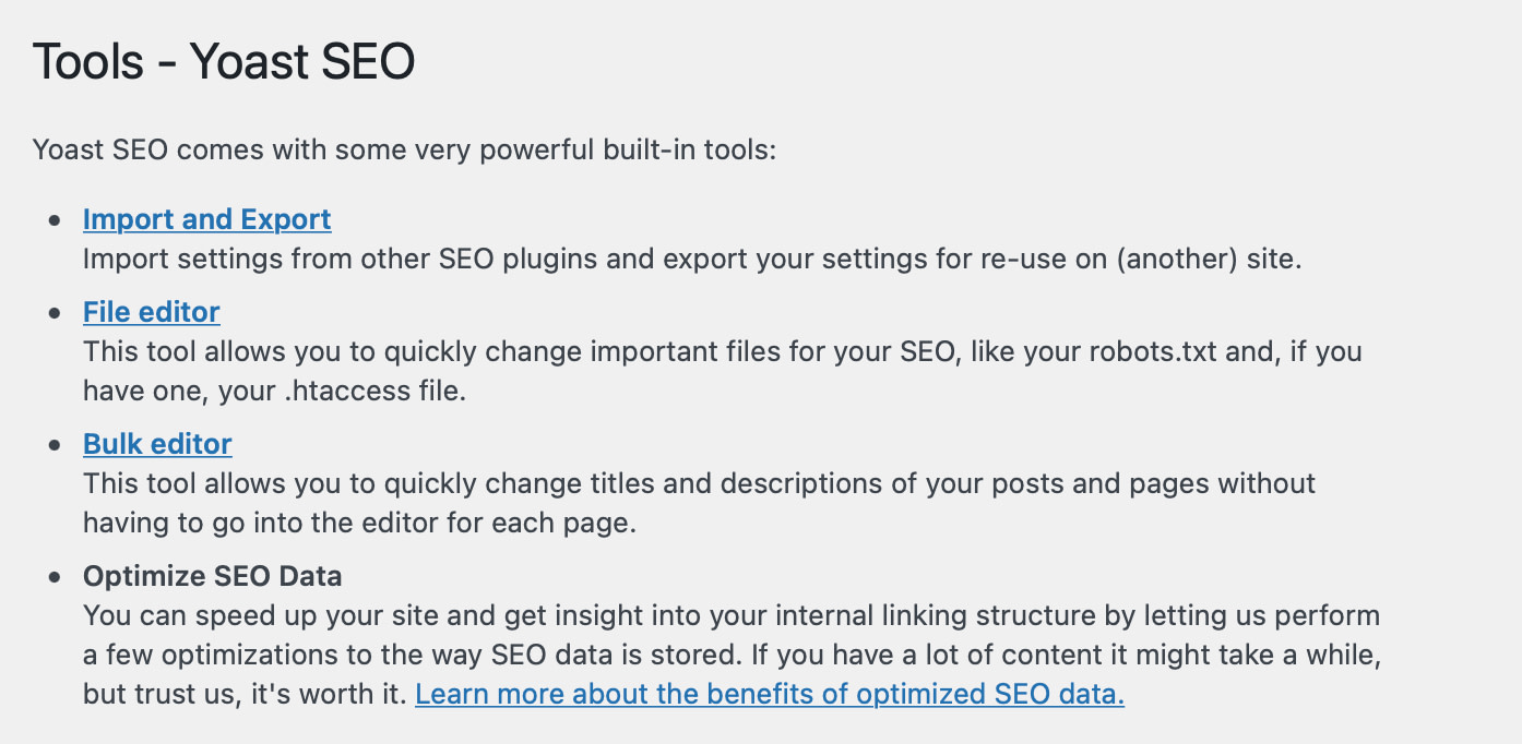 Built-in tools inside the Yoast SEO tutorial.