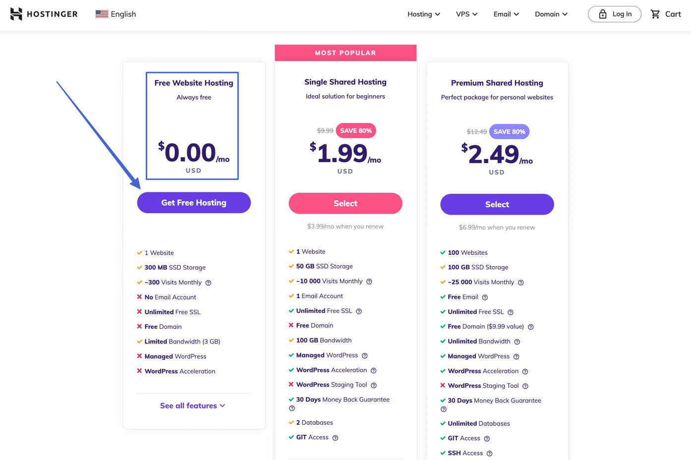 pick the free web hosting plan on Hostinger website