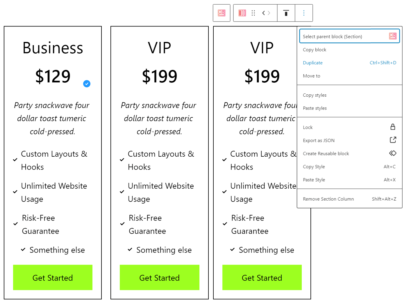 Duplicate a column in a pricing block.