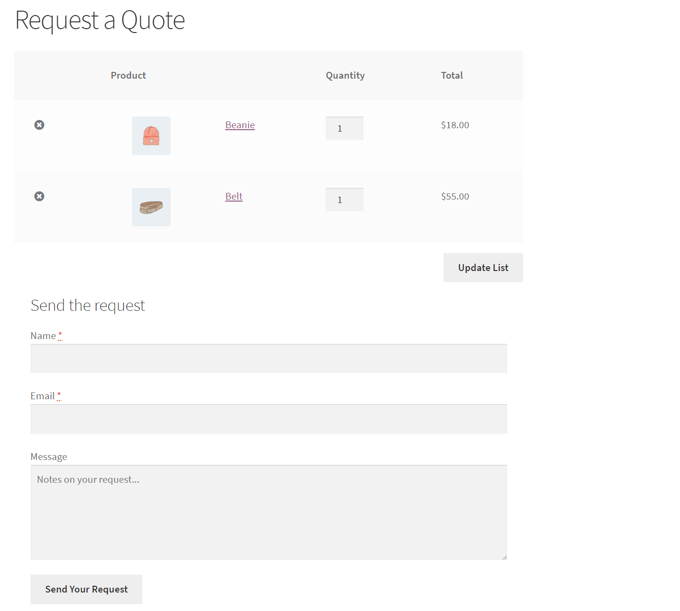 WooCommerce request a quote with form at bottom