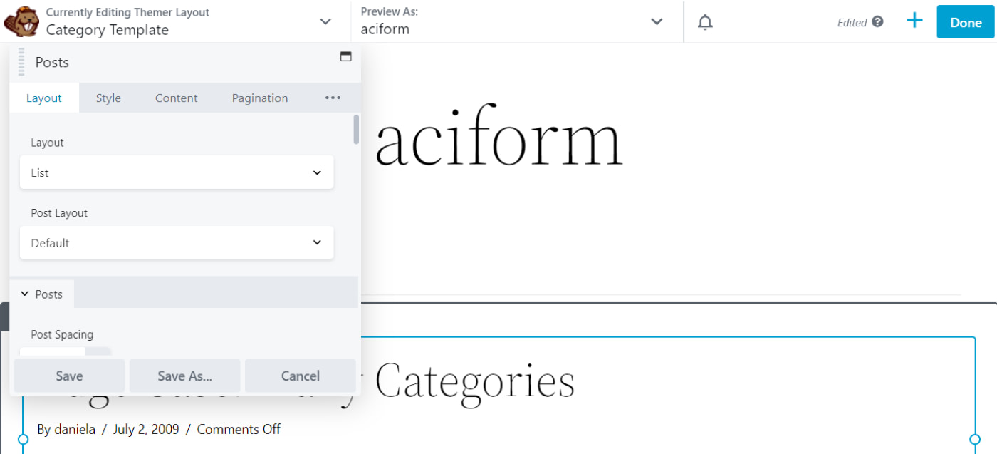 Editing the Posts module in Beaver Builder.