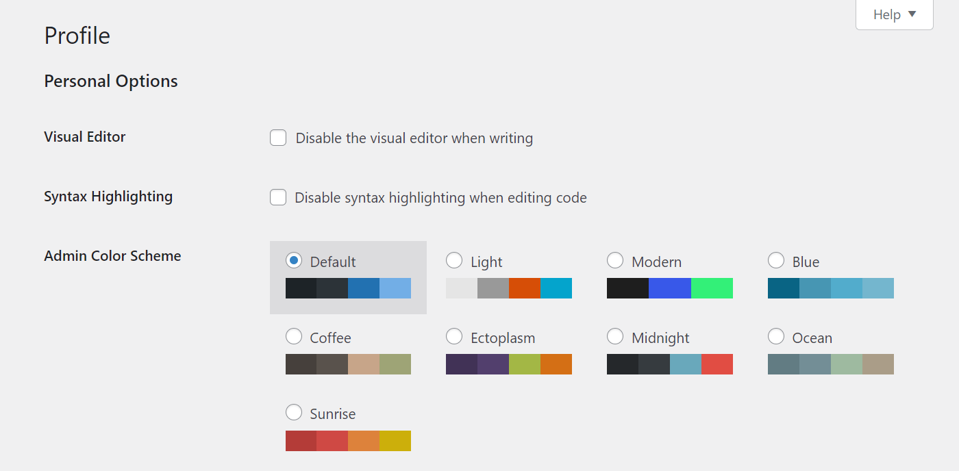 The screen to change the admin color sscheme in WordPress.