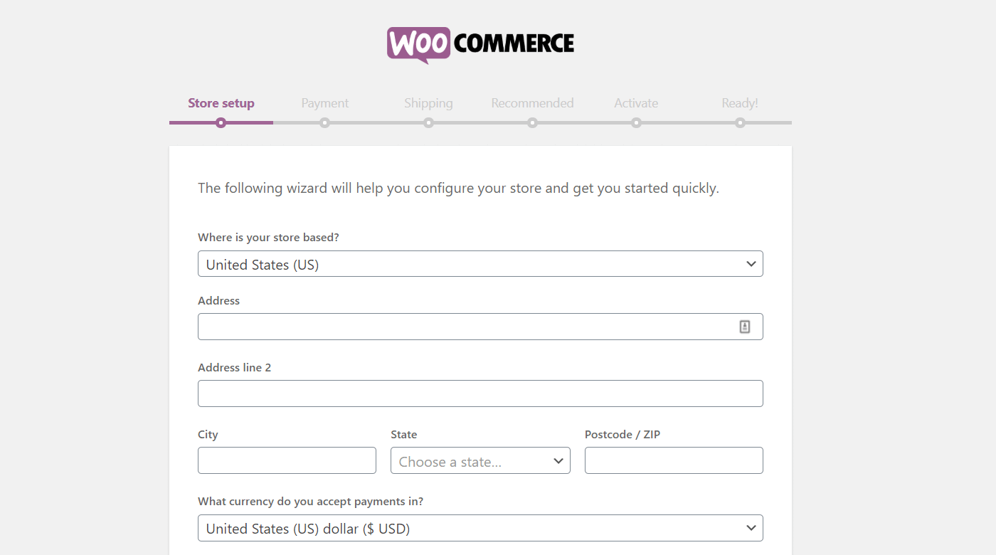 The next step in the WooCommerce tutorial is using the WooCommerce setup wizard to get started.