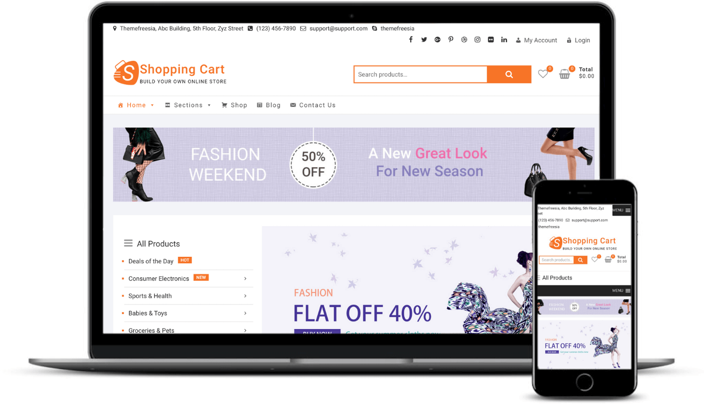 The Shopping Cart theme on desktop and mobile.