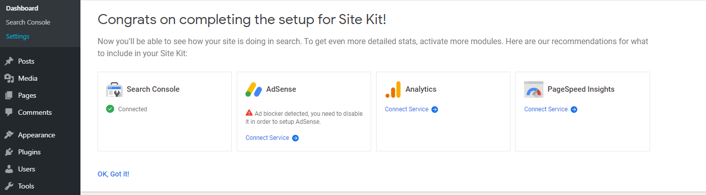 Добавление дополнительных услуг с помощью Site Kit.