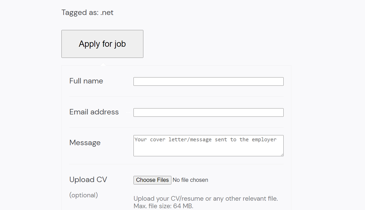 A job application created by the WP Job Manager WordPress plugin.
