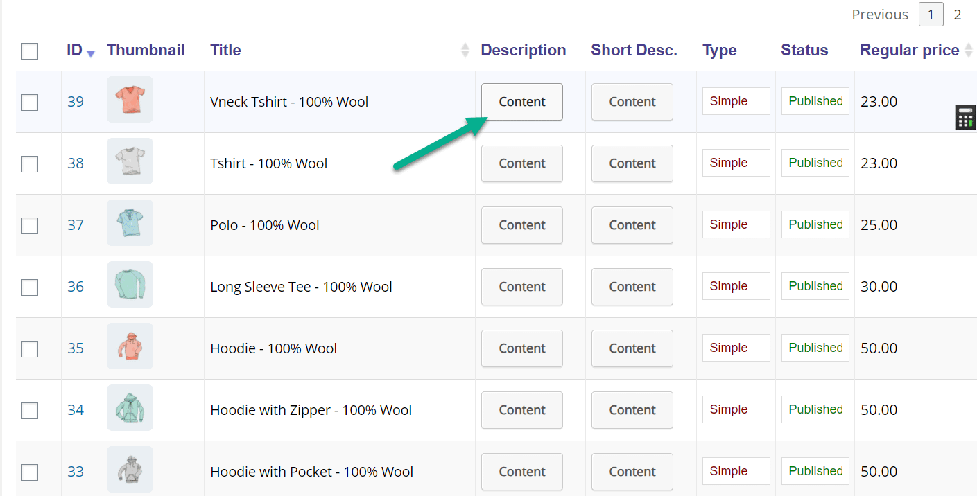 content button to bulk edit WooCommerce products