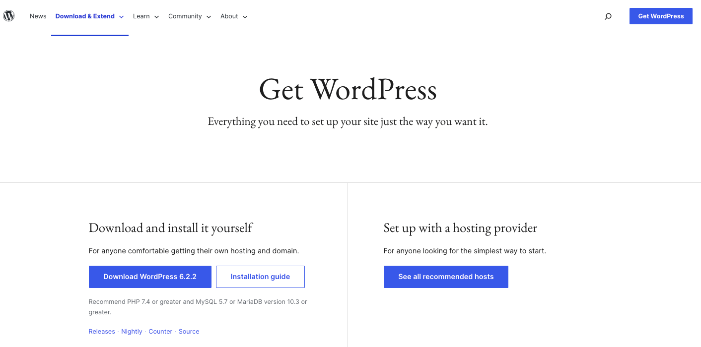 WordPress.org's download page showing the two options for downloading WordPress.