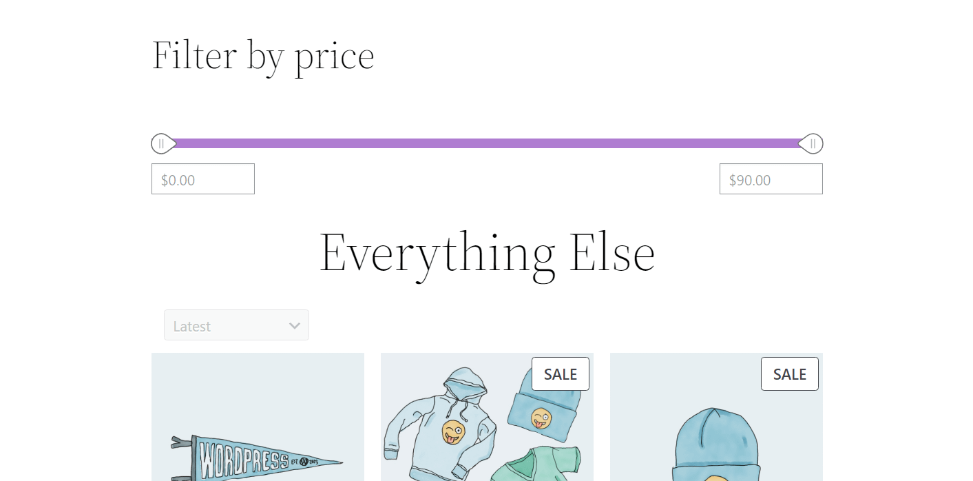 Блок «Фильтр по цене» на странице магазина WooCommerce.